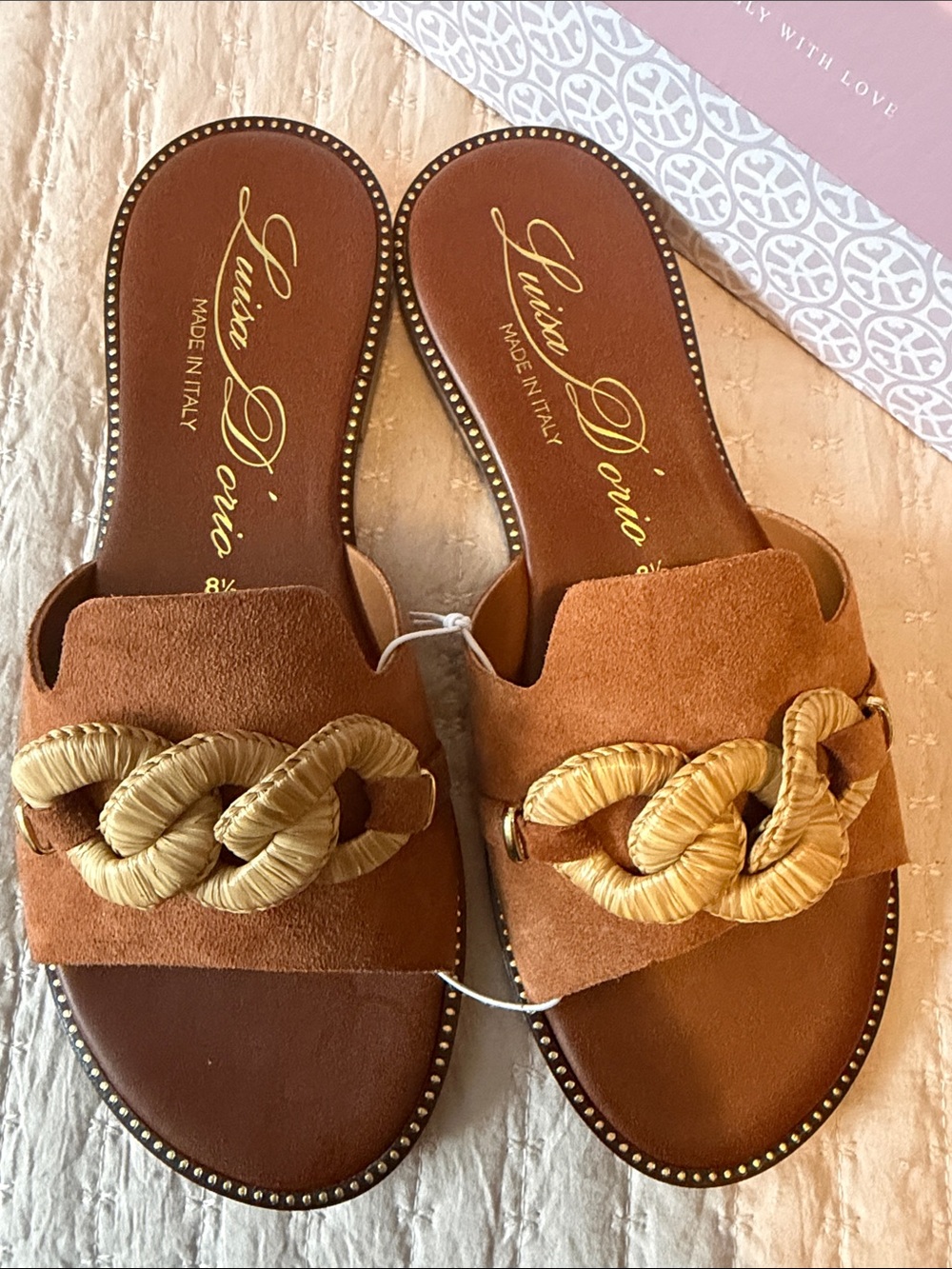 Luisa D'orio Women's Tan Suede Slide Sandals w/ Raffia Chain 8.5❤️